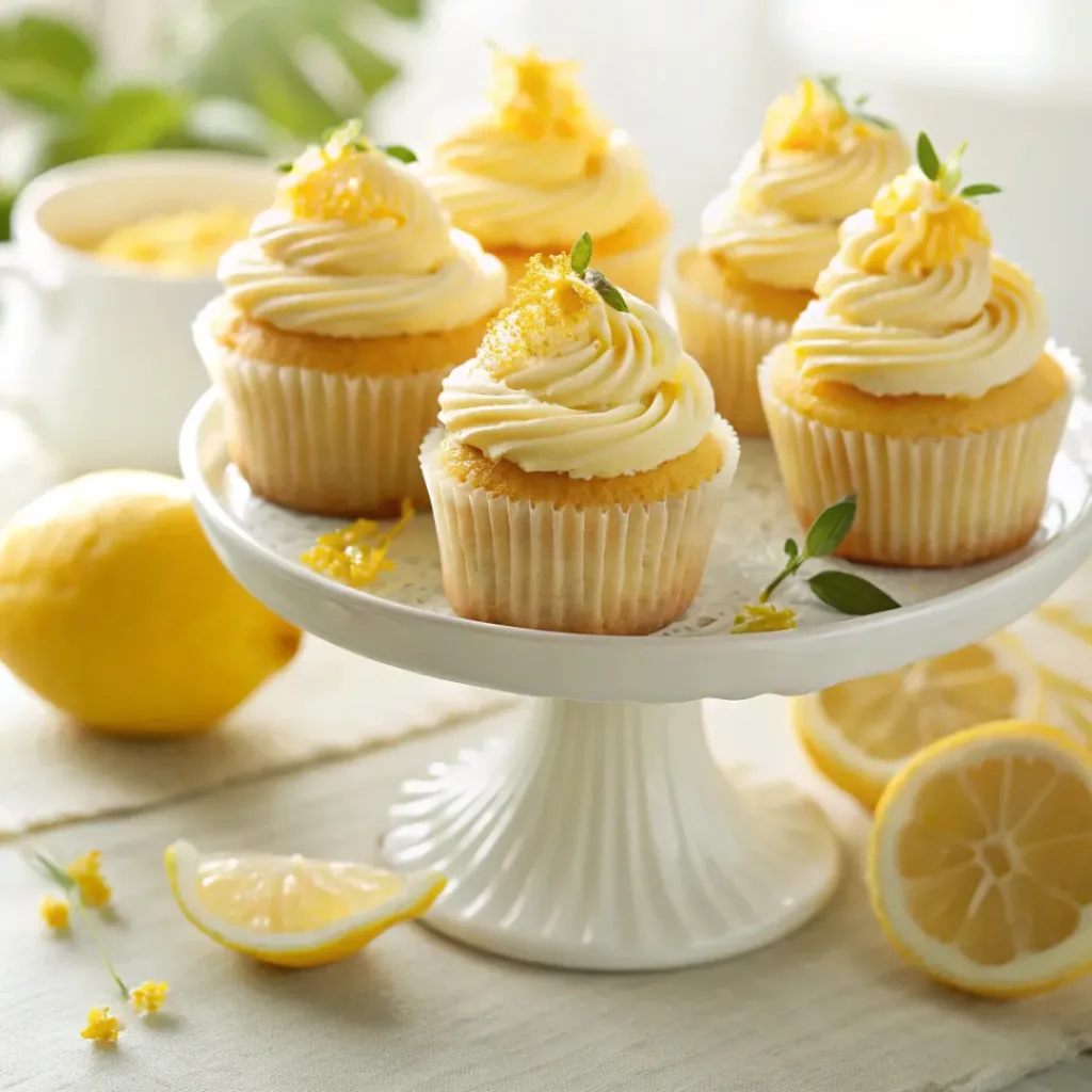Home 7 Lemon cupcakes filled with lemon curd and topped with lemon buttercream