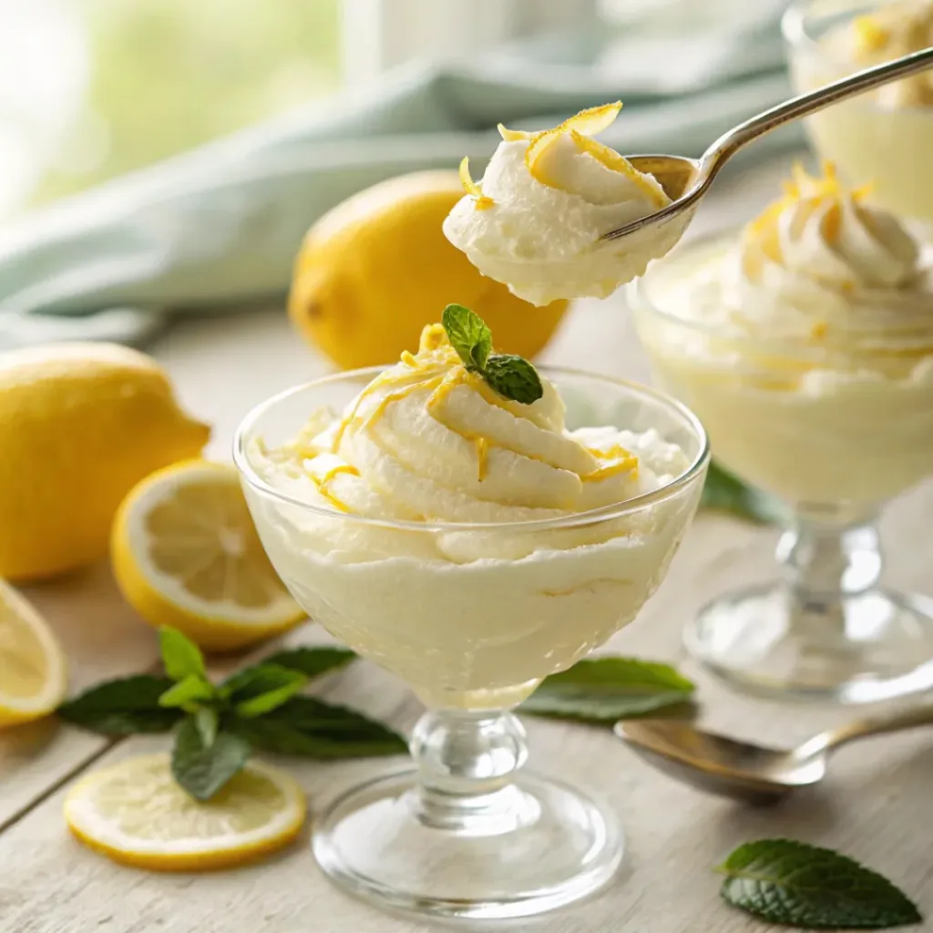 Lemon Mousse – Light, Creamy & Refreshingly Tangy Dessert 8 Creamy lemon mousse in glass cups with whipped topping and lemon zest