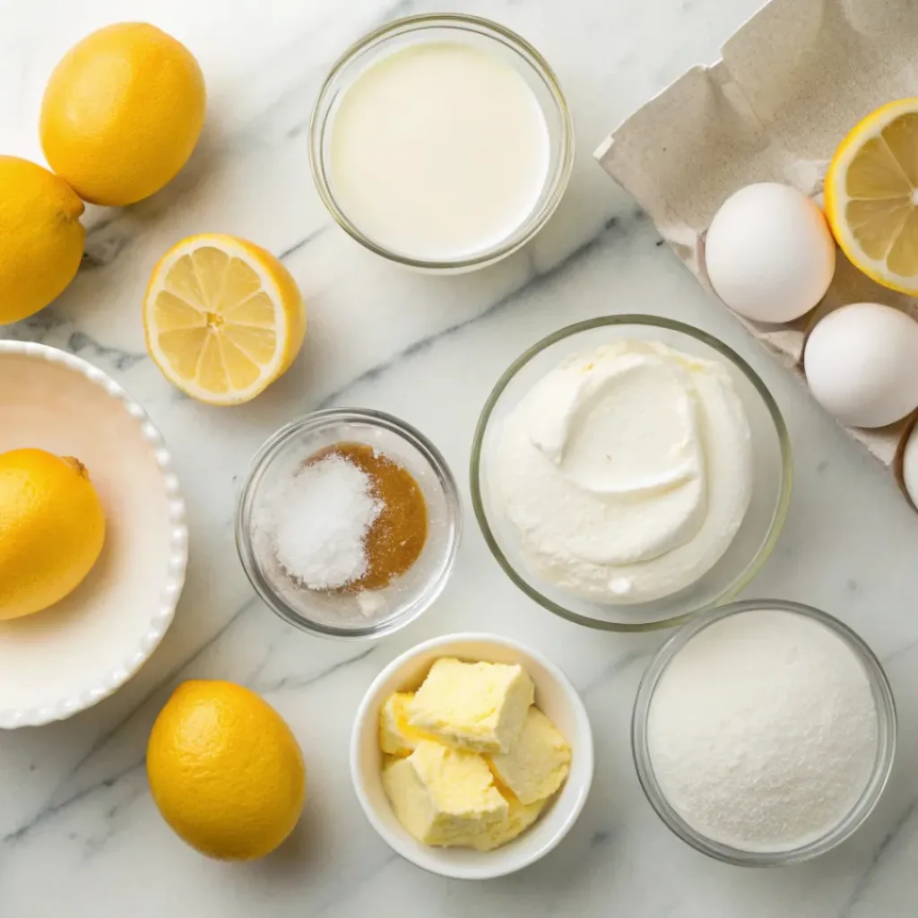 Lemon Mousse – Light, Creamy & Refreshingly Tangy Dessert 6 Flat lay of lemons, eggs, cream, sugar, and mousse ingredients