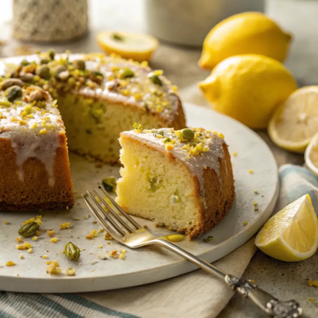 Slice of lemon pistachio cake with glaze and chopped pistachios