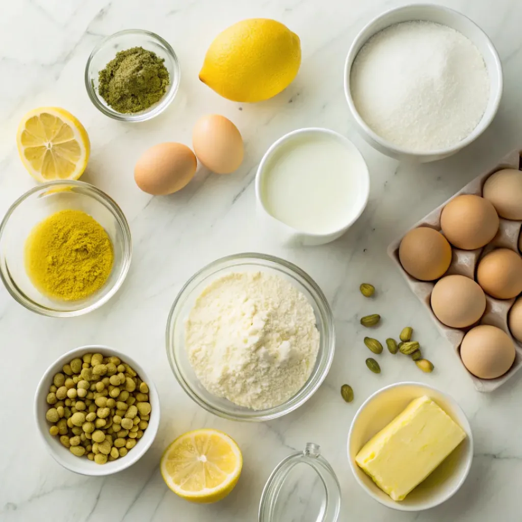 Flat lay of lemons, pistachios, eggs, butter, and baking ingredients