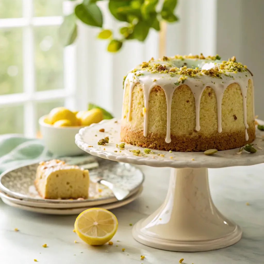Home 6 Lemon pistachio cake with glaze, chopped pistachios, and lemon garnish