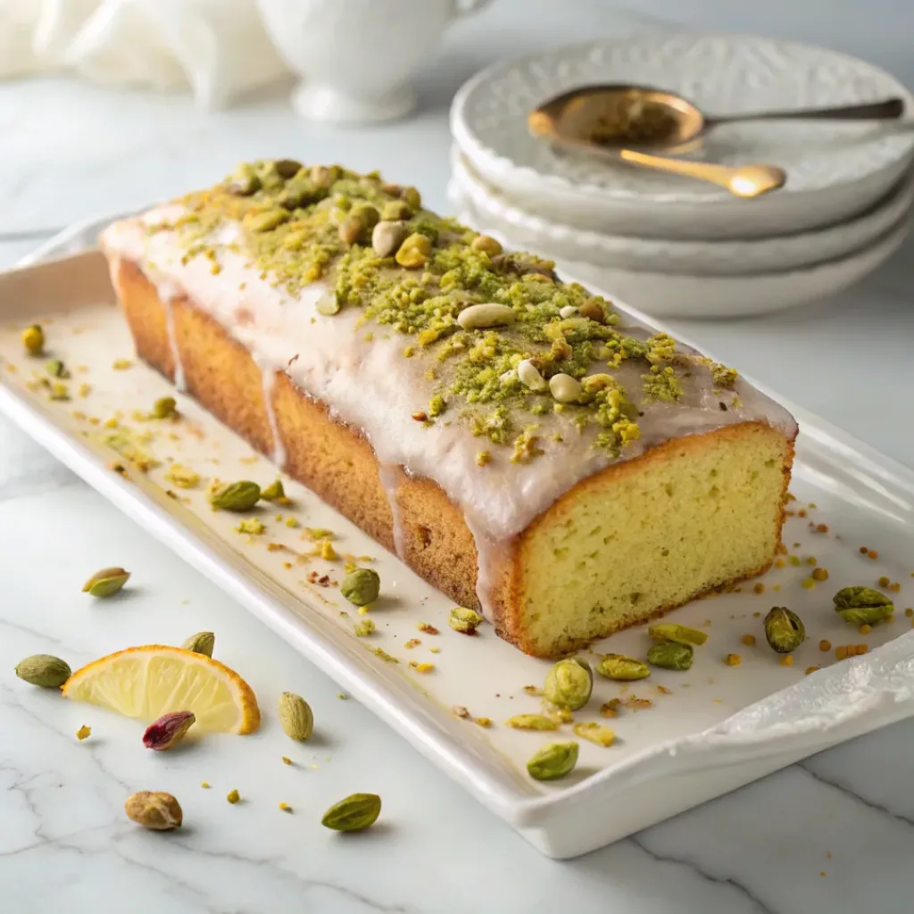 Home 8 Moist lemon pistachio loaf with chopped pistachios, lemon glaze, and a tender golden crumb.