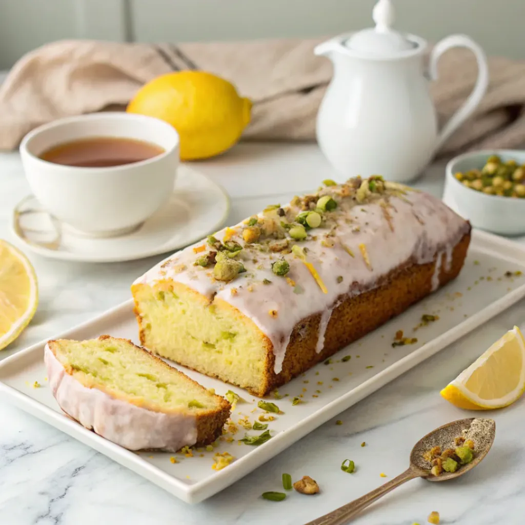 Lemon Pistachio Loaf - Moist Zesty Nut Bakery Bread 8 Slice of lemon pistachio loaf with lemon glaze and chopped pistachios served alongside a warm cup of tea.