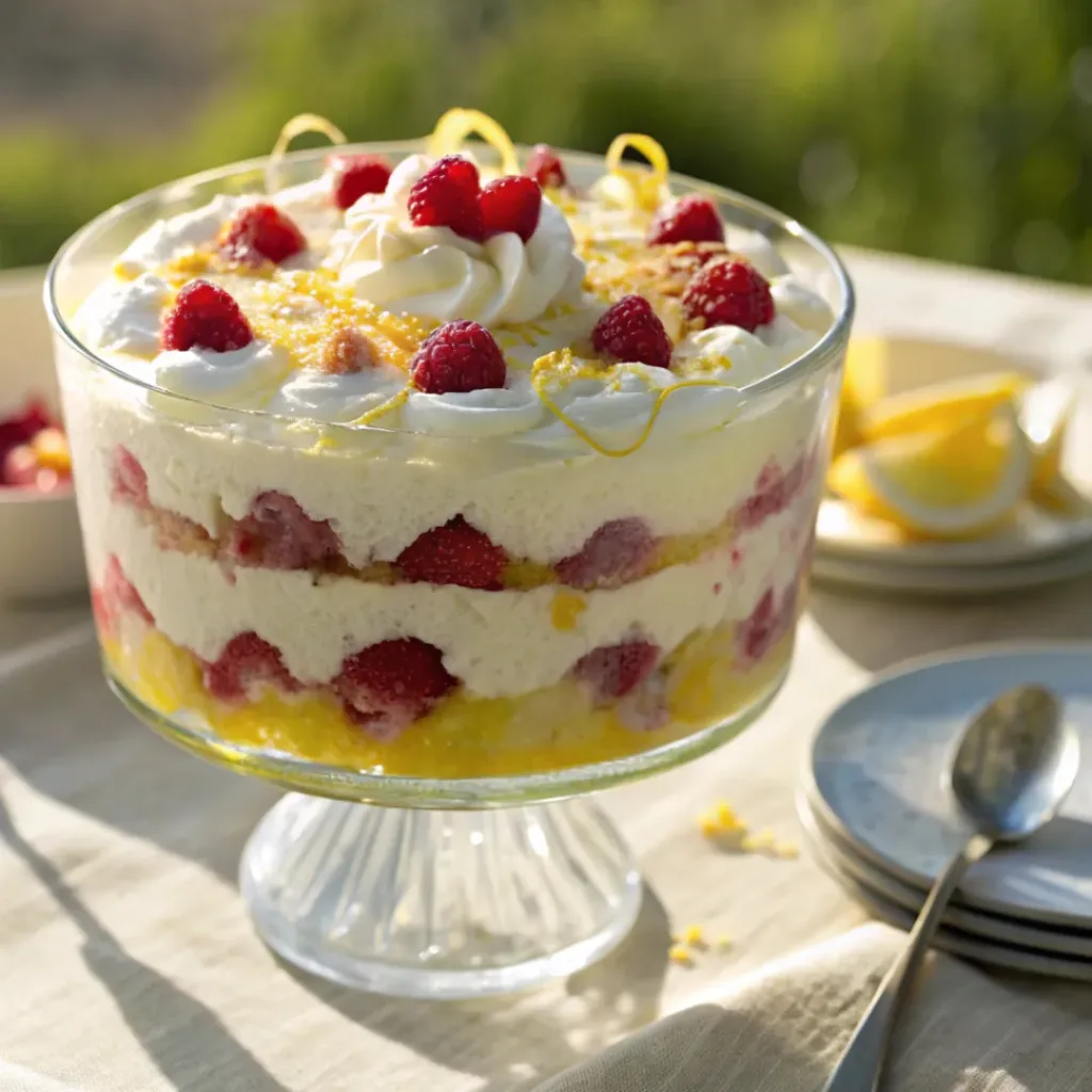 Layered trifle dessert with lemon cream, raspberries, and sponge cake