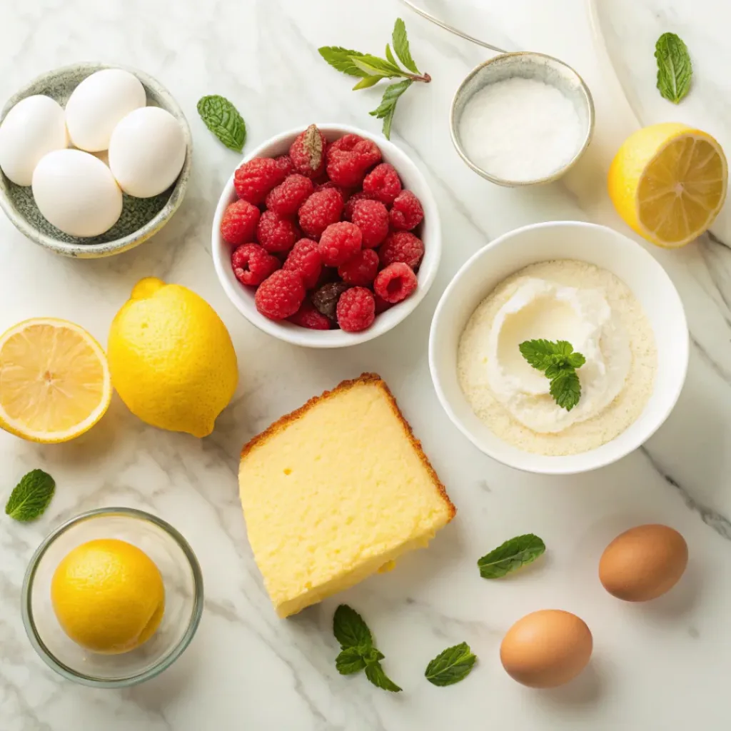 Flat lay of raspberries, lemons, cream, and sponge cake ingredients