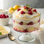 Layered lemon raspberry trifle with cream, sponge cake, and fresh raspberries
