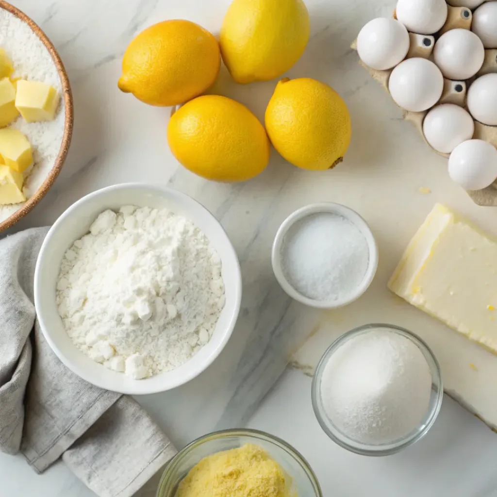 Lemon Ricotta Cookies – Soft, Cake-Like Italian Cookies 6 Flat lay of ricotta, lemons, butter, eggs, and cookie ingredients