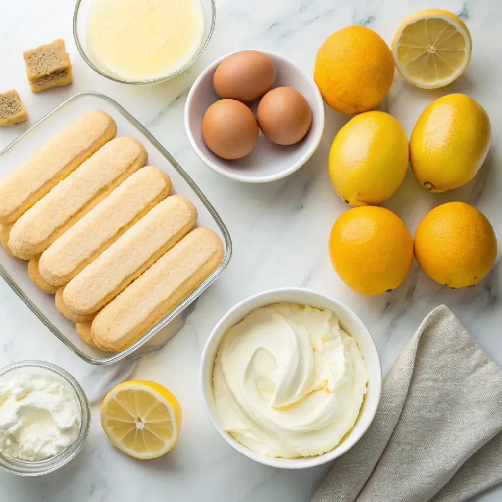 Lemon Tiramisu – Creamy, Citrusy & No-Bake Elegant Dessert 6 Flat lay of ladyfingers, mascarpone, lemons, and cream ingredients