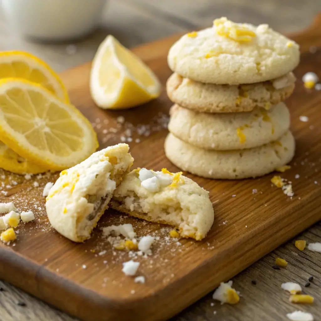 Lemon White Chocolate Cookies – Soft, Chewy & Zesty Treat 8 Soft lemon cookies with white chocolate chunks and powdered sugar