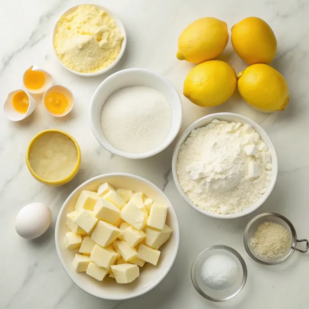 Lemon White Chocolate Cookies – Soft, Chewy & Zesty Treat 6 Flat lay of lemons, flour, butter, white chocolate, and baking ingredients
