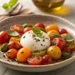 Burrata with marinated cherry tomatoes, basil, and olive oil