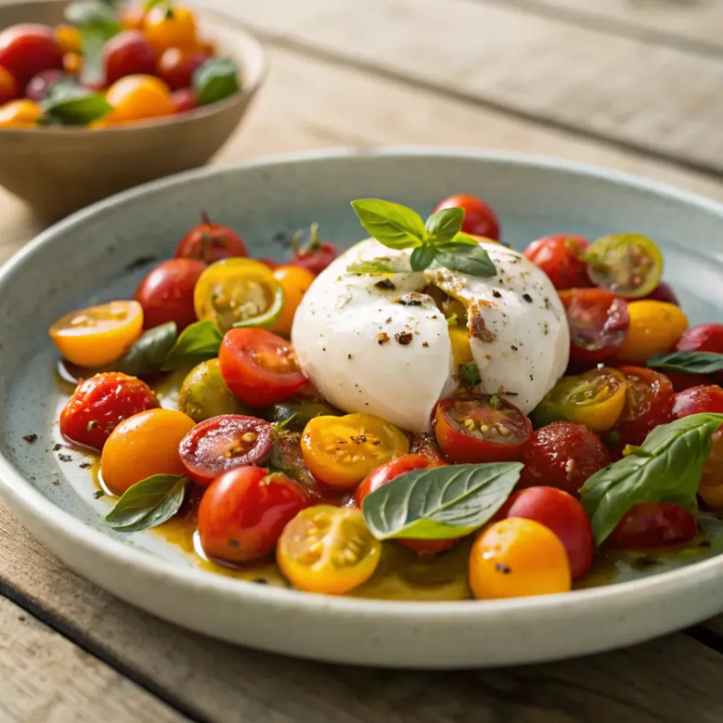 Marinated Cherry Tomatoes with Burrata – Fresh, Creamy & Elegant Appetizer 8 Creamy burrata with marinated cherry tomatoes, basil, and olive oil