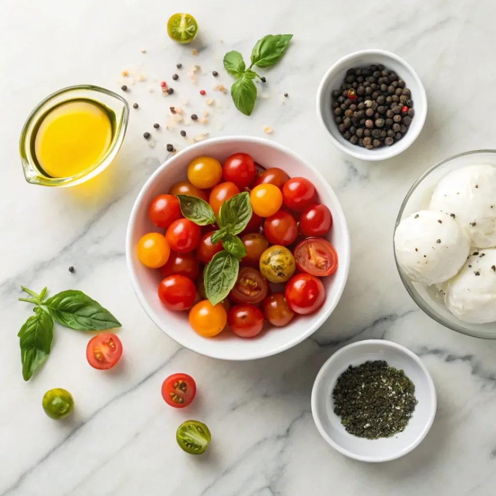 Marinated Cherry Tomatoes with Burrata – Fresh, Creamy & Elegant Appetizer 6 Flat lay of cherry tomatoes, burrata, basil, and olive oil ingredients