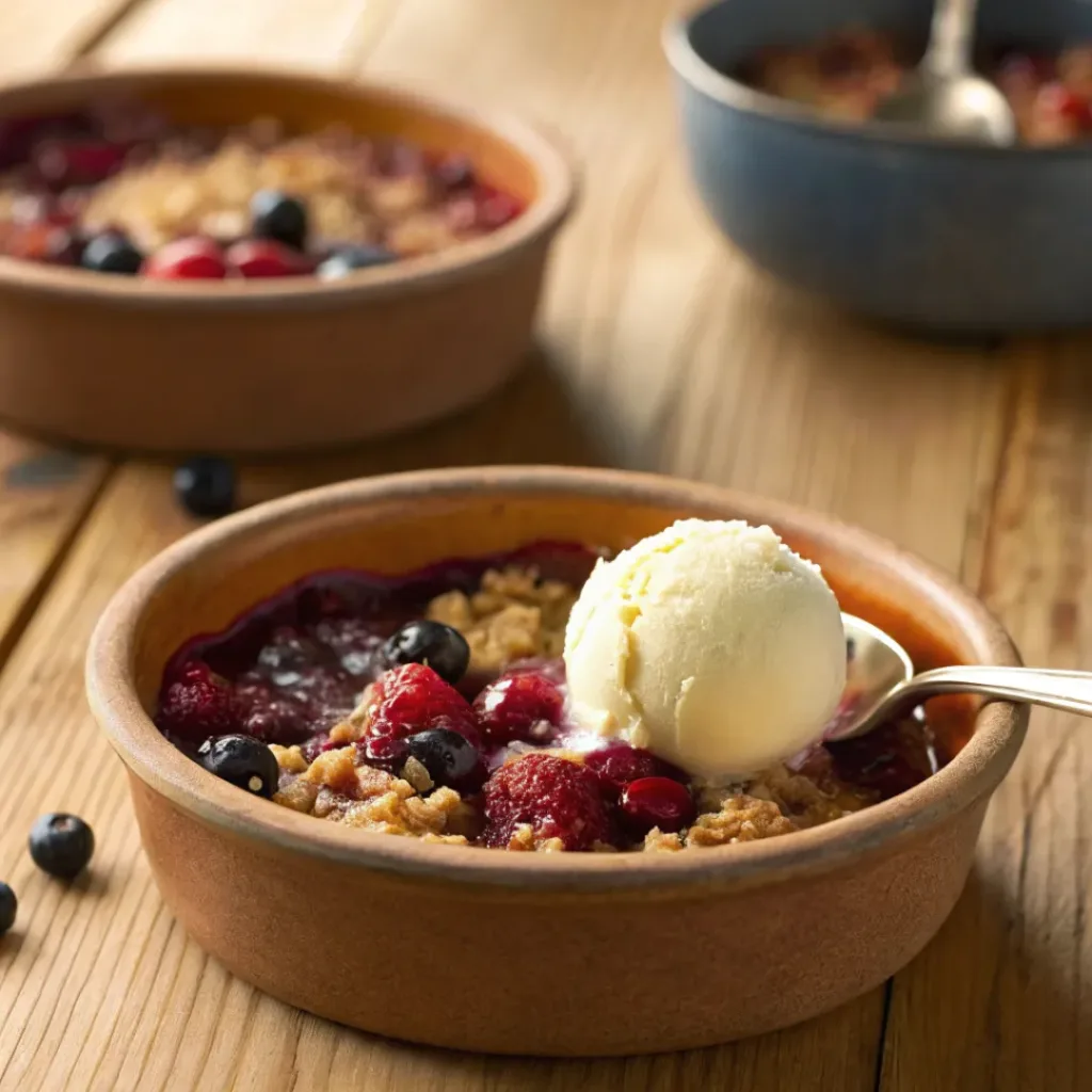 Warm mixed berry cobbler with oat topping and melting ice cream