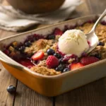 Mixed berry oat cobbler with golden crumble topping and vanilla ice cream