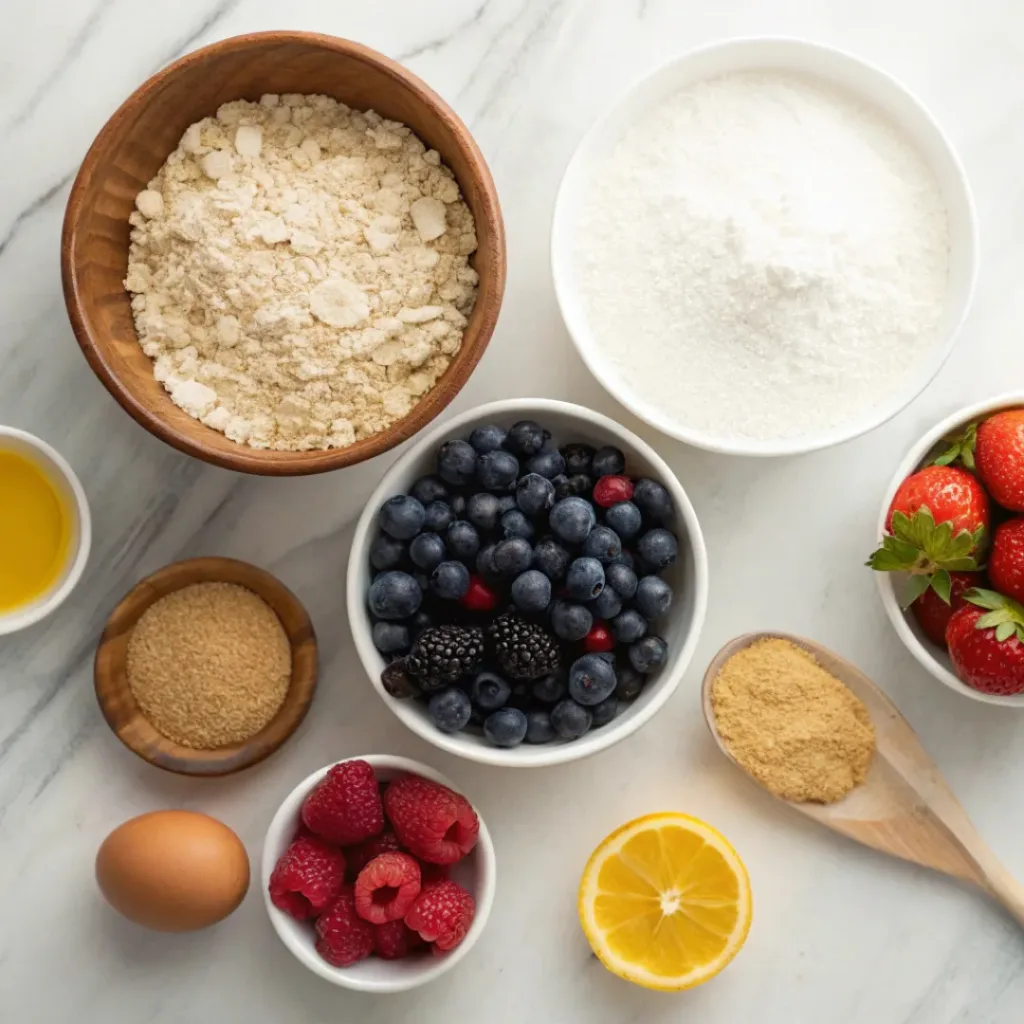 Flat lay of mixed berries, oats, butter, and cobbler ingredients