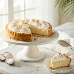 Creamy coconut pie with whipped topping and toasted coconut flakes