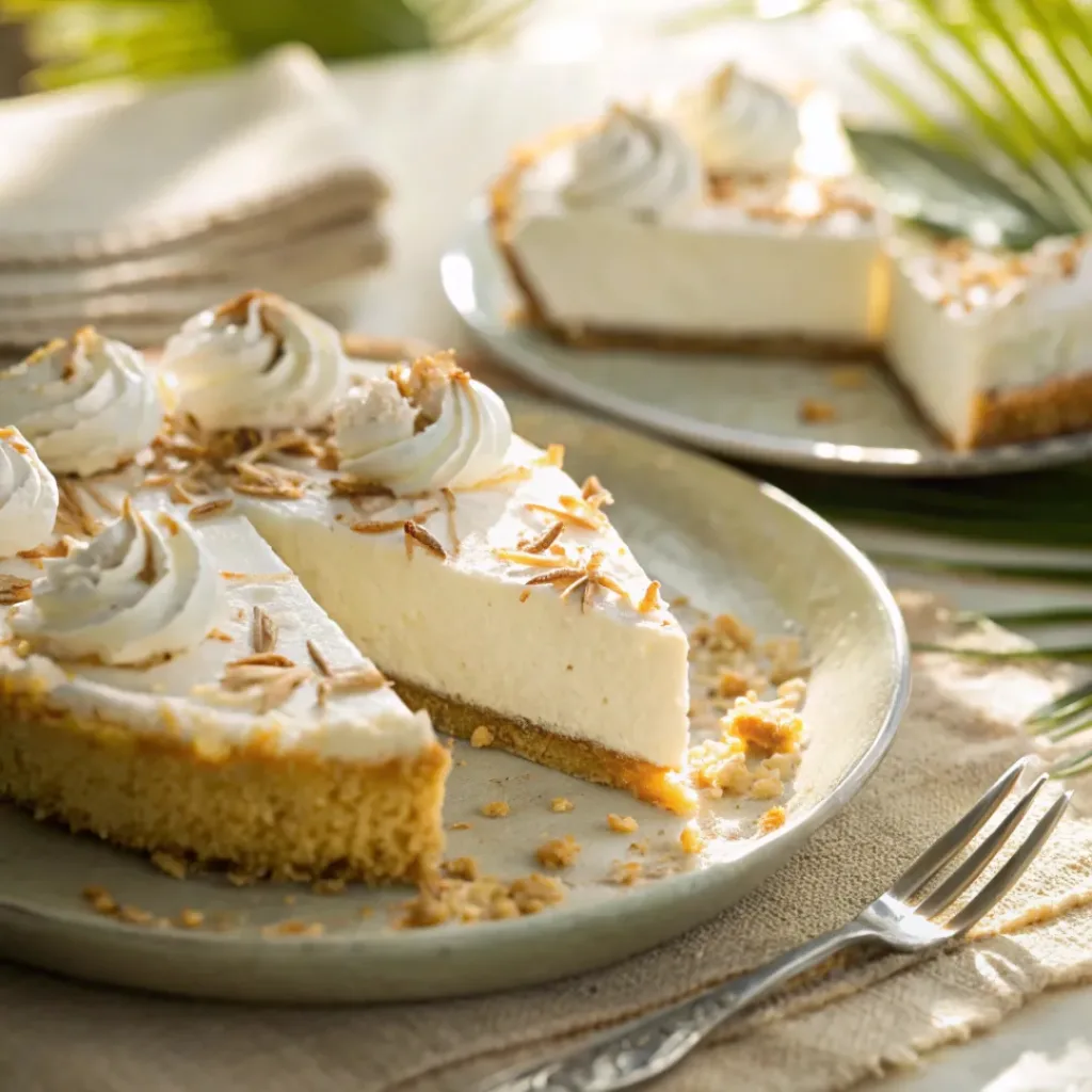 Slice of coconut cream pie with whipped topping and toasted coconut
