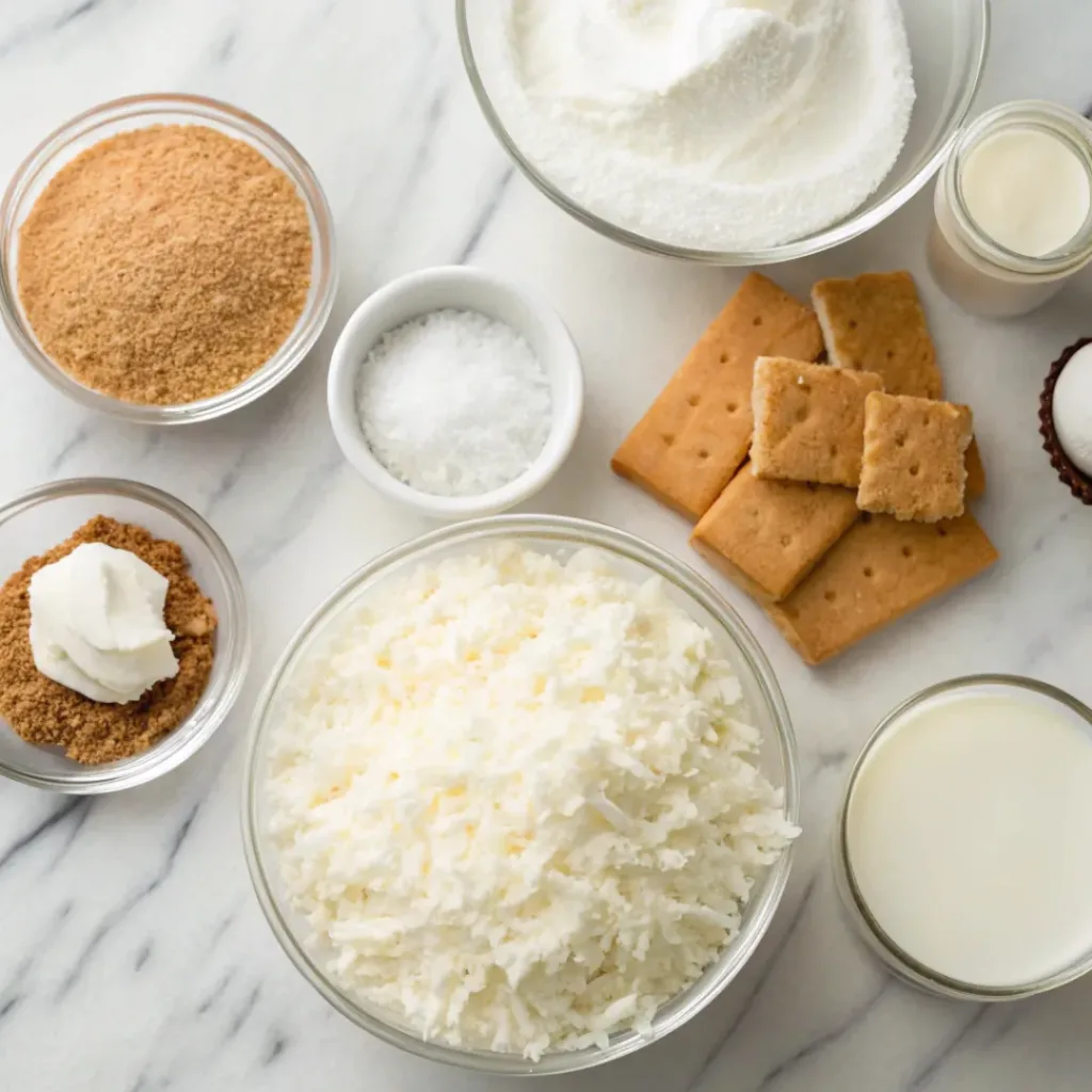 Flat lay of coconut, graham crackers, condensed milk, and pie ingredients