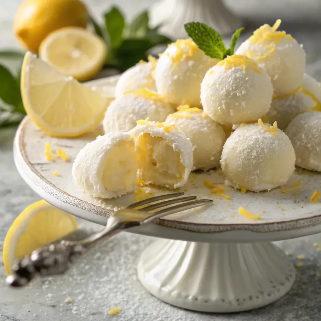 No-Bake Lemon Truffles – Creamy, Zesty & Melt-in-Your-Mouth Treats 8 Creamy lemon truffles with powdered sugar and fresh lemon garnish