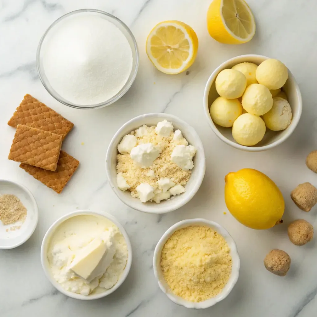 No-Bake Lemon Truffles – Creamy, Zesty & Melt-in-Your-Mouth Treats 6 Flat lay of white chocolate, lemons, cream cheese, and truffle ingredients