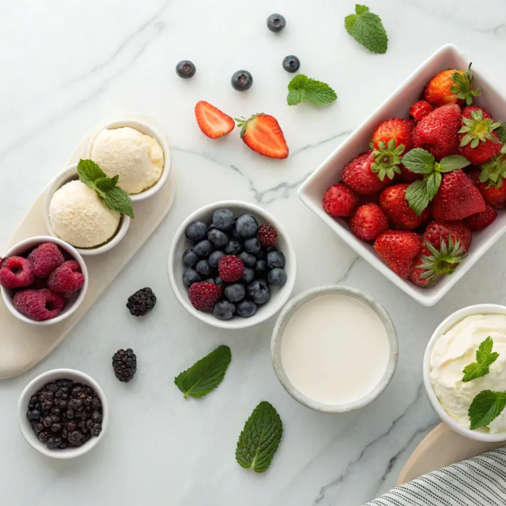 No-Churn Mixed Berry Ice Cream — Creamy Homemade Ice Cream Without a Machine 6 Flat lay of mixed berries, cream, condensed milk, and ice cream ingredients