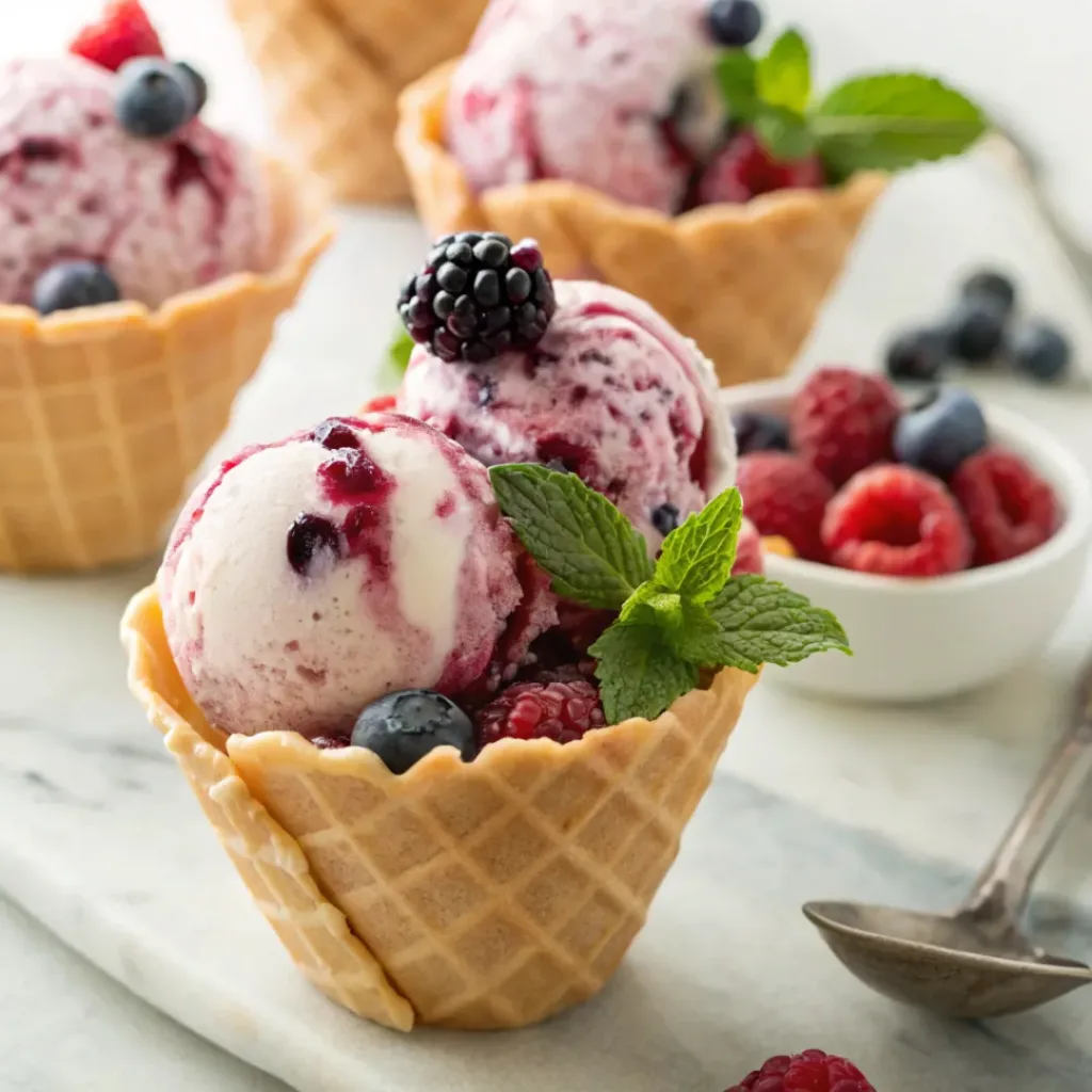 Home 9 Creamy mixed berry ice cream with fresh berries and colorful fruit swirls