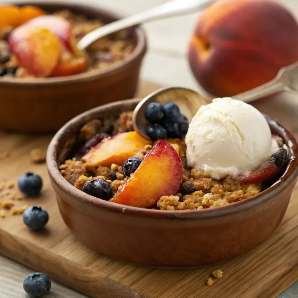 Warm peach blueberry crumble with oat topping and vanilla ice cream