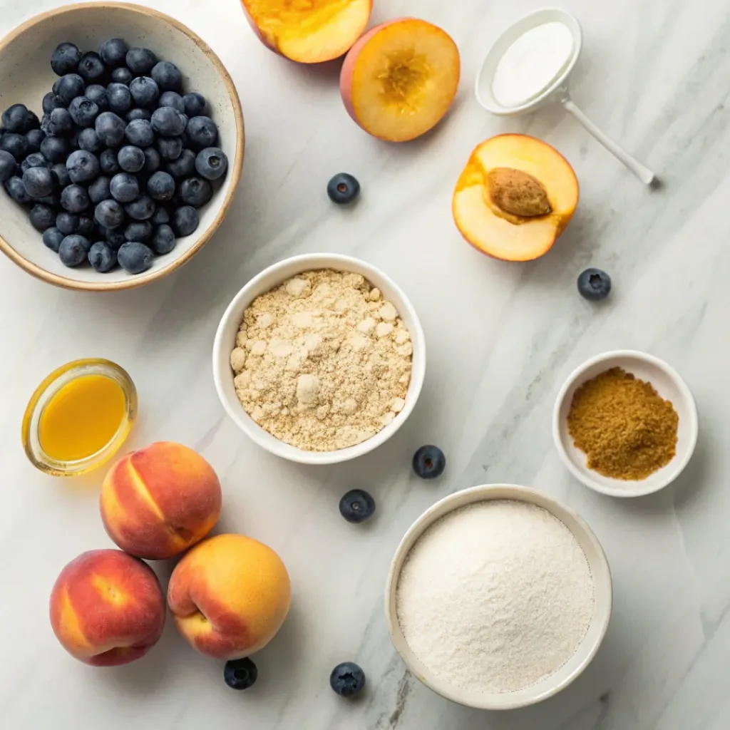 Flat lay of peaches, blueberries, oats, butter, and crumble ingredients