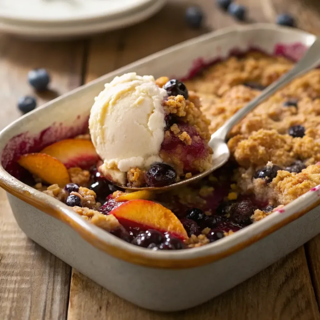 Peach blueberry crumble with golden oat topping and vanilla ice cream