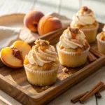 Peach cobbler cupcakes with peach filling and streusel topping