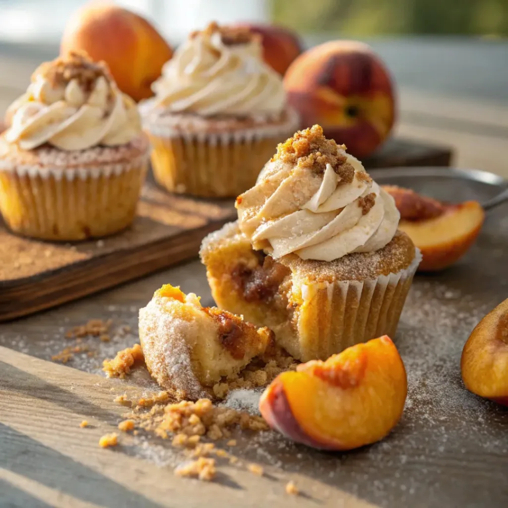 Cupcakes filled with peach cobbler and topped with streusel and frosting