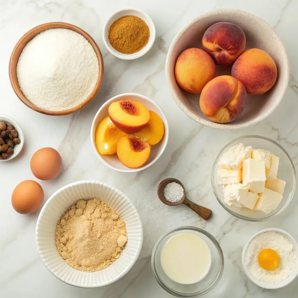Flat lay of peaches, flour, sugar, butter, and baking spices