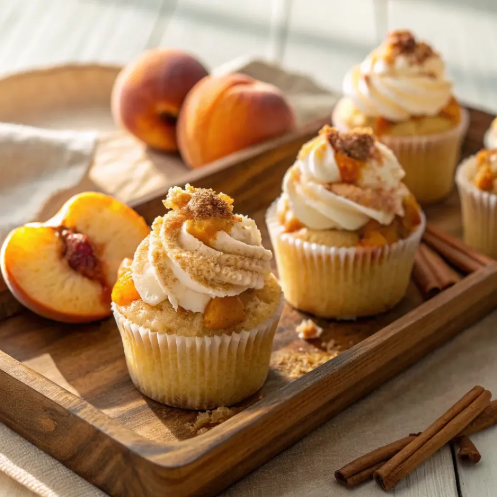 Home 8 Peach cobbler cupcakes with peach filling and streusel topping