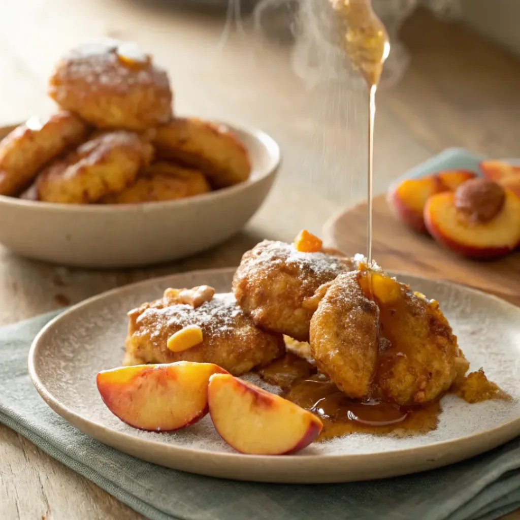 Glazed peach fritters with powdered sugar and peach slices