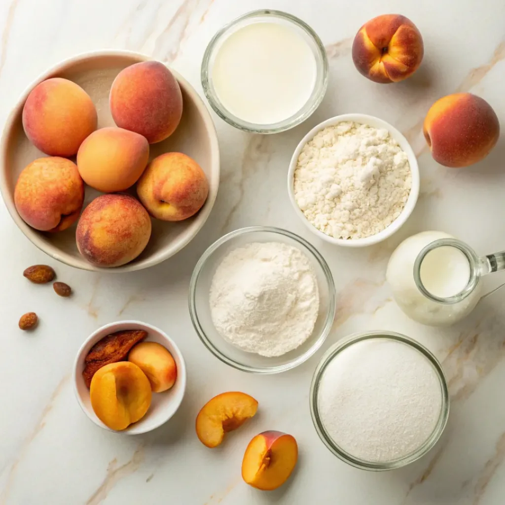 Flat lay of peaches, flour, eggs, sugar, and baking ingredients