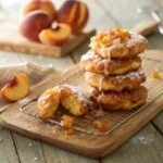Glazed peach fritters with powdered sugar and fresh peach slices