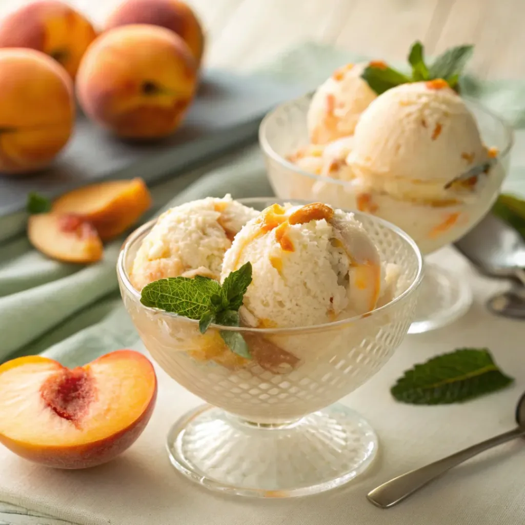 Creamy peach ice cream with fresh peach slices and mint