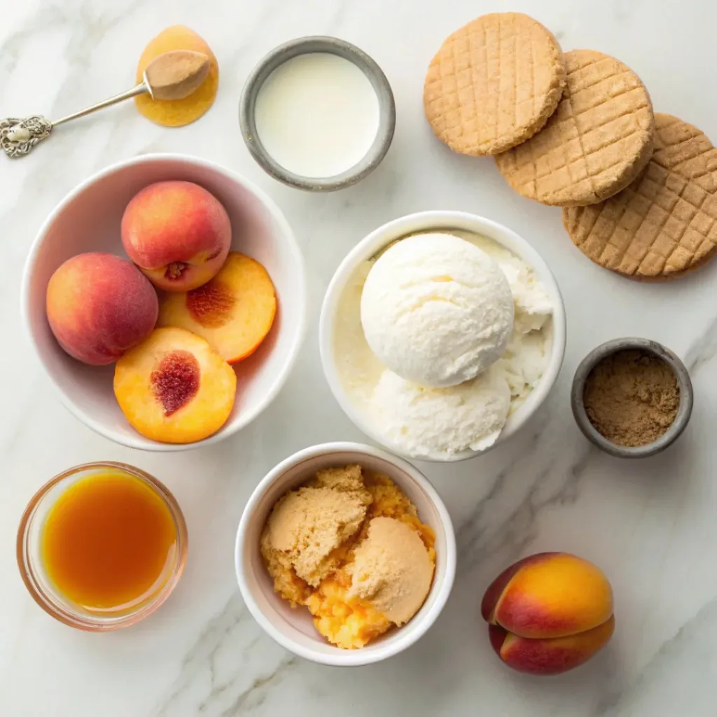 Flat lay of peaches, cream, sugar, eggs, and ice cream ingredients