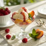 Vanilla ice cream topped with peaches and raspberry sauce