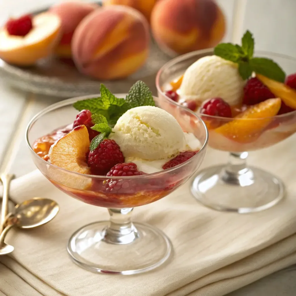 Peach Melba with vanilla ice cream, peaches, and raspberry sauce