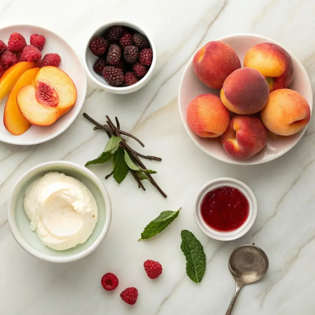 Flat lay of peaches, raspberries, vanilla ice cream, and dessert ingredients
