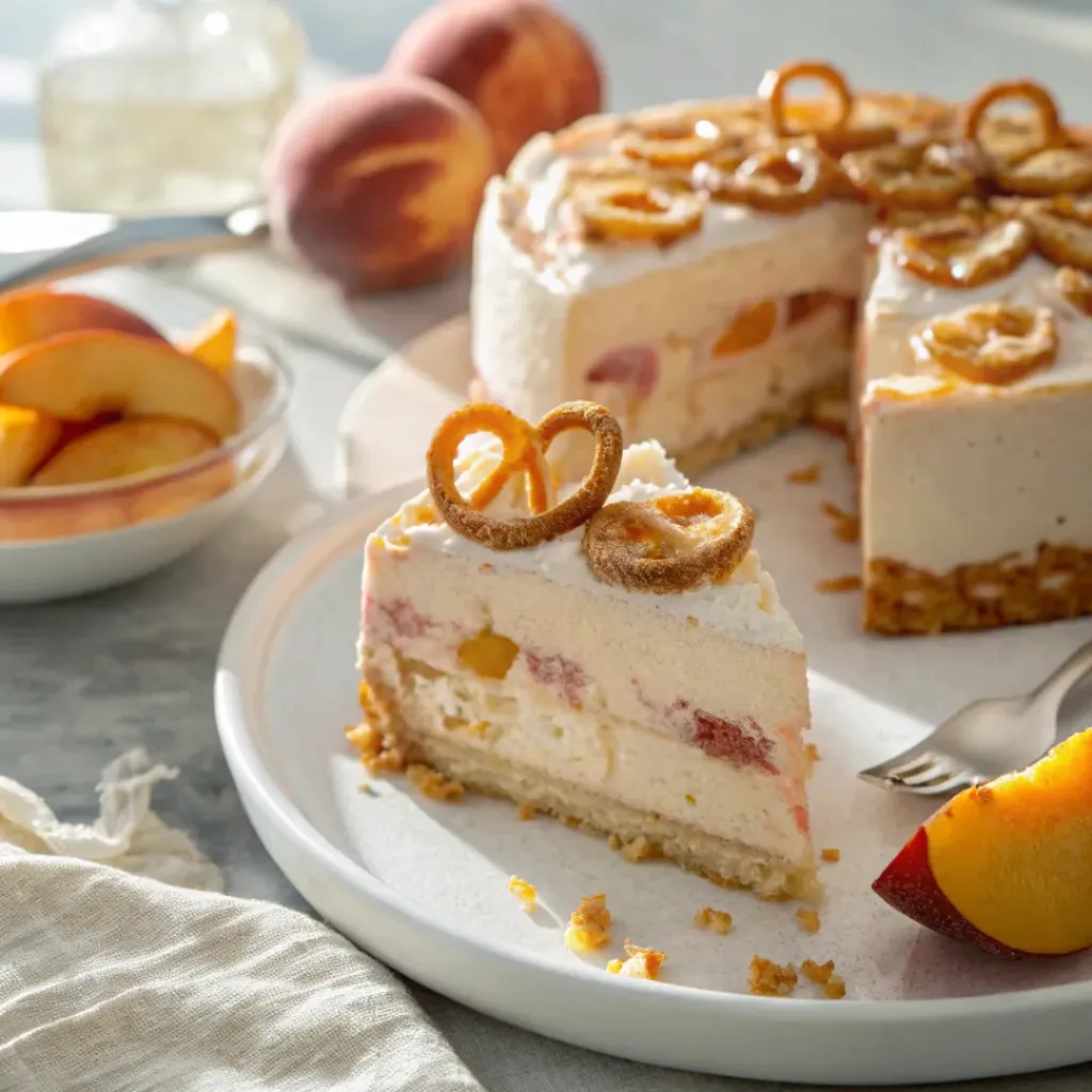 Frozen peach ice cream cake with pretzel crust and whipped topping