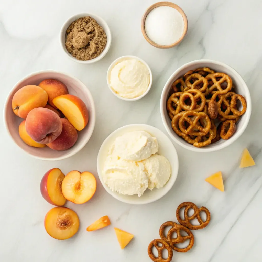 Flat lay of peaches, pretzels, ice cream, cream cheese, and dessert ingredients