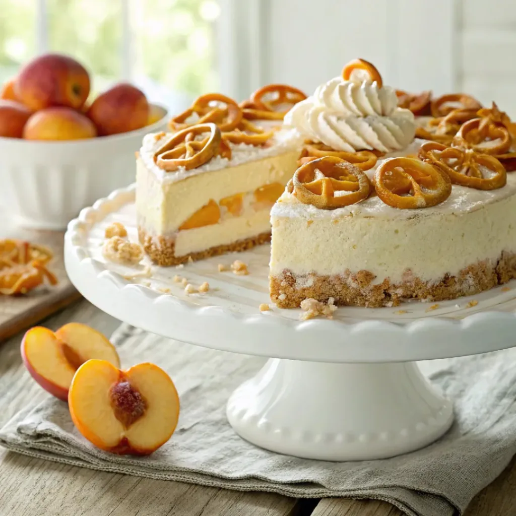 Layered peach ice cream cake with pretzel crust and whipped topping