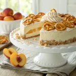 Layered peach ice cream cake with pretzel crust and whipped topping
