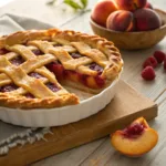 Lattice peach raspberry pie with golden crust and fresh fruit filling