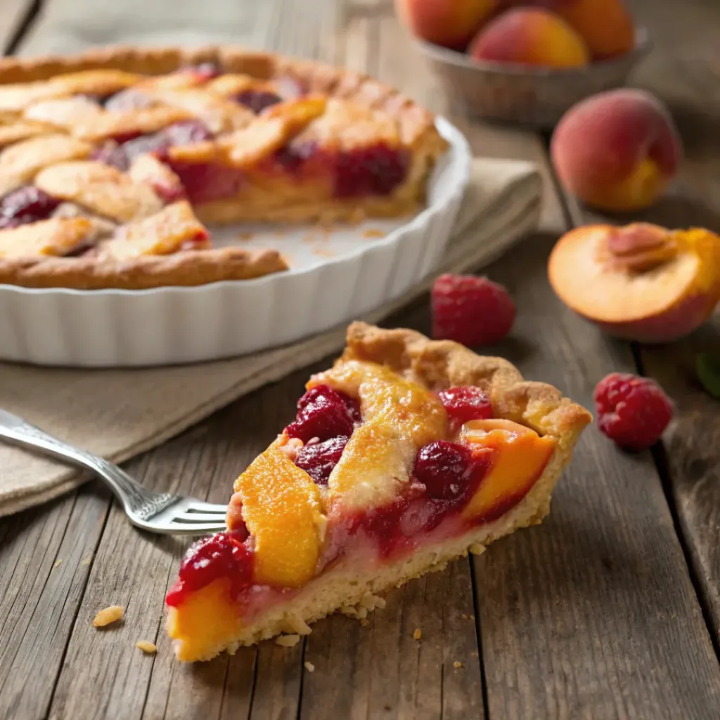 Slice of peach raspberry pie with flaky crust and juicy fruit filling