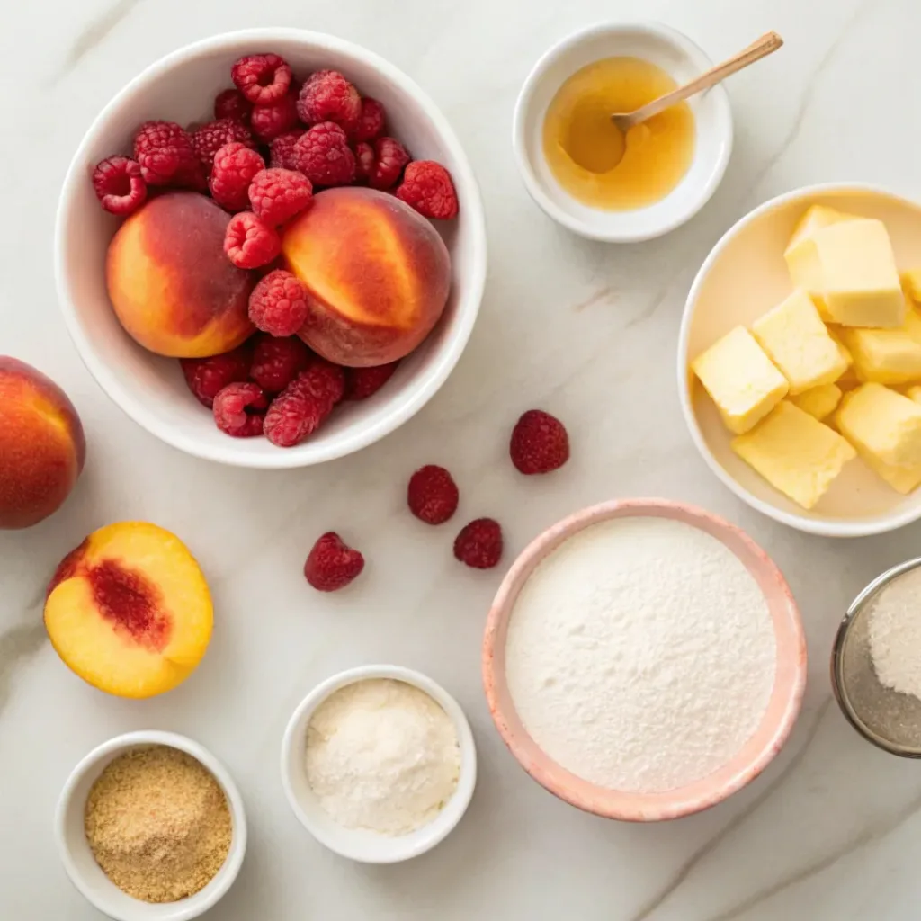 Flat lay of peaches, raspberries, flour, butter, and pie ingredients